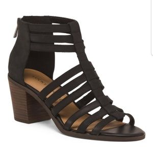 NEW Lucky Brand Kyndrah Black Leather Heeled Sandals 8.5